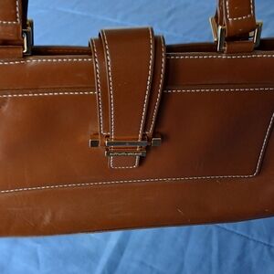 ANTONIO MELANI Cognac Brown Leather Satchel with White Stitching